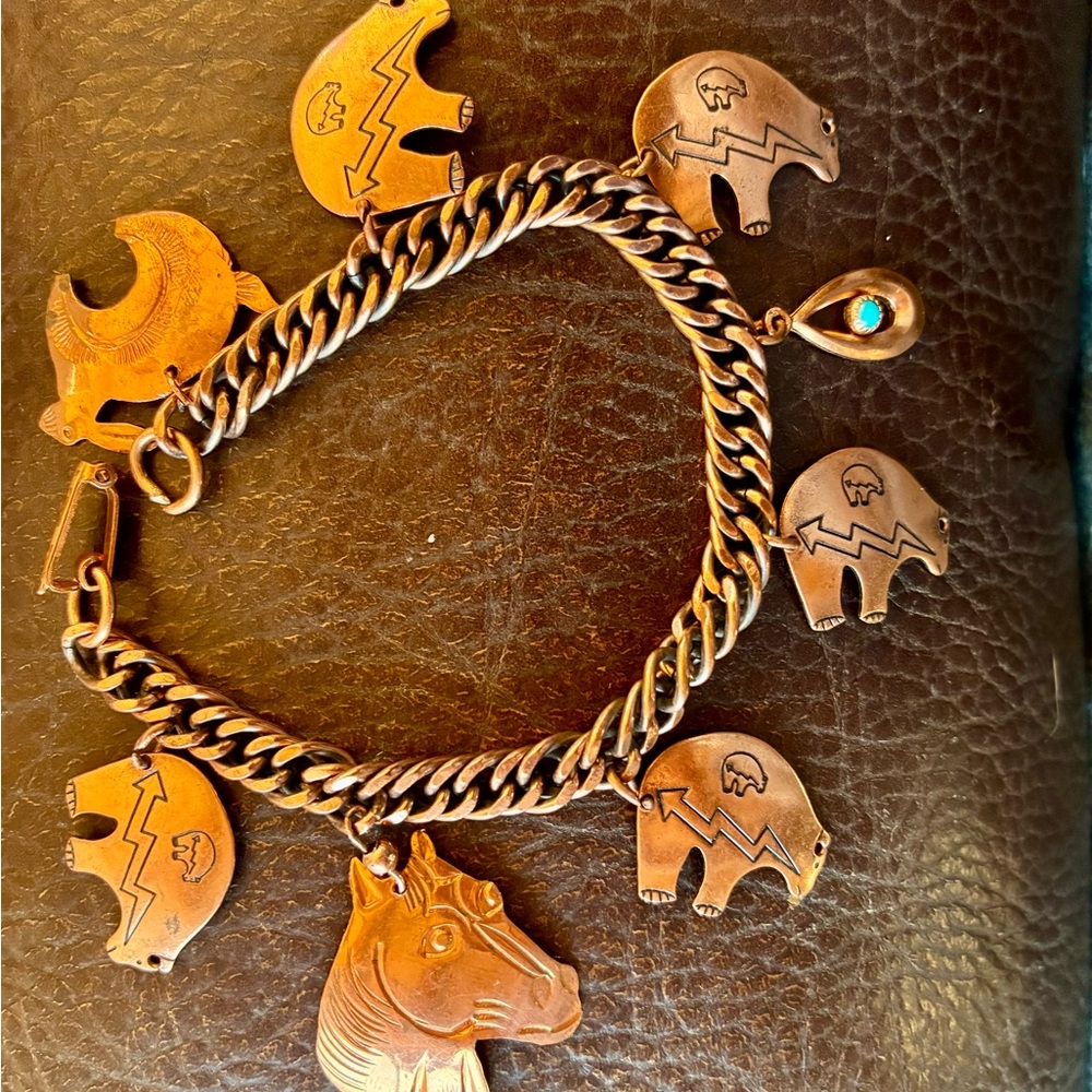 Bracelet Solid copper Native America. Charms  7"